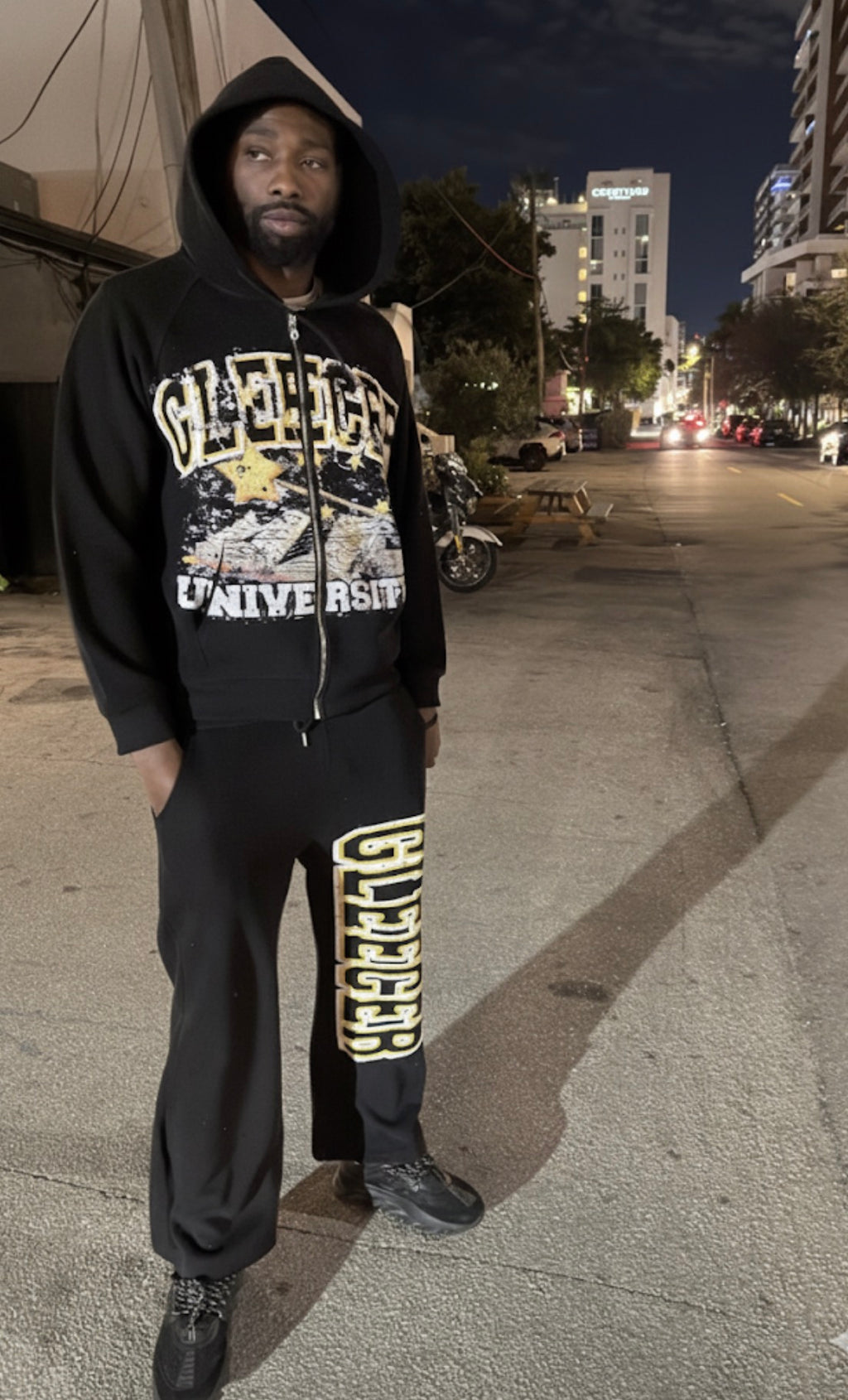 Black Gleecer University Rhinestone Sweatsuit Set
