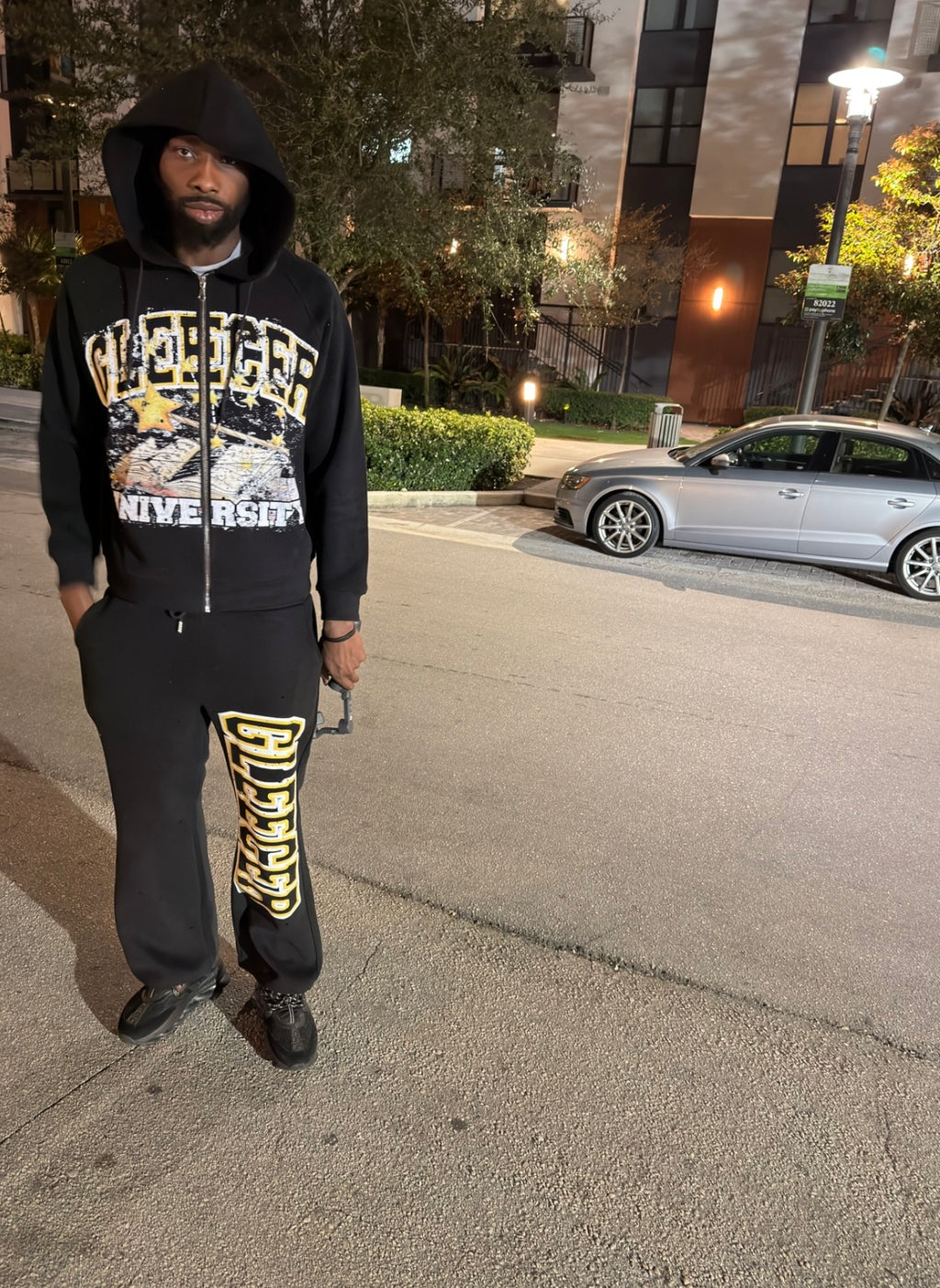 Black Gleecer University Rhinestone Sweatsuit Set