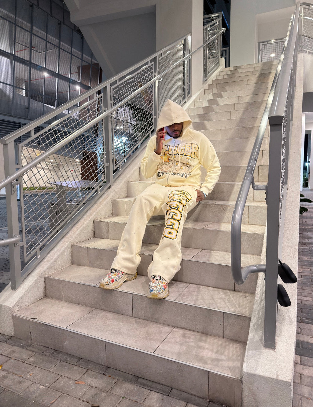 Cream Gleecer University Rhinestone Sweatsuit Set