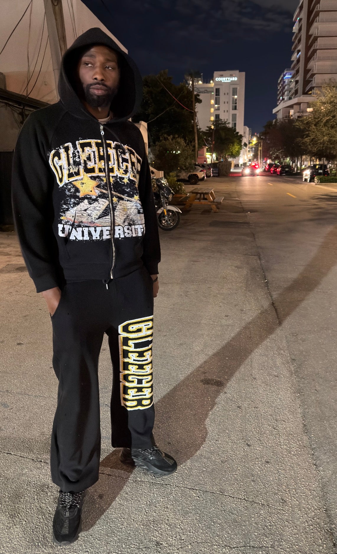 Black Gleecer University Rhinestone Sweatsuit Set