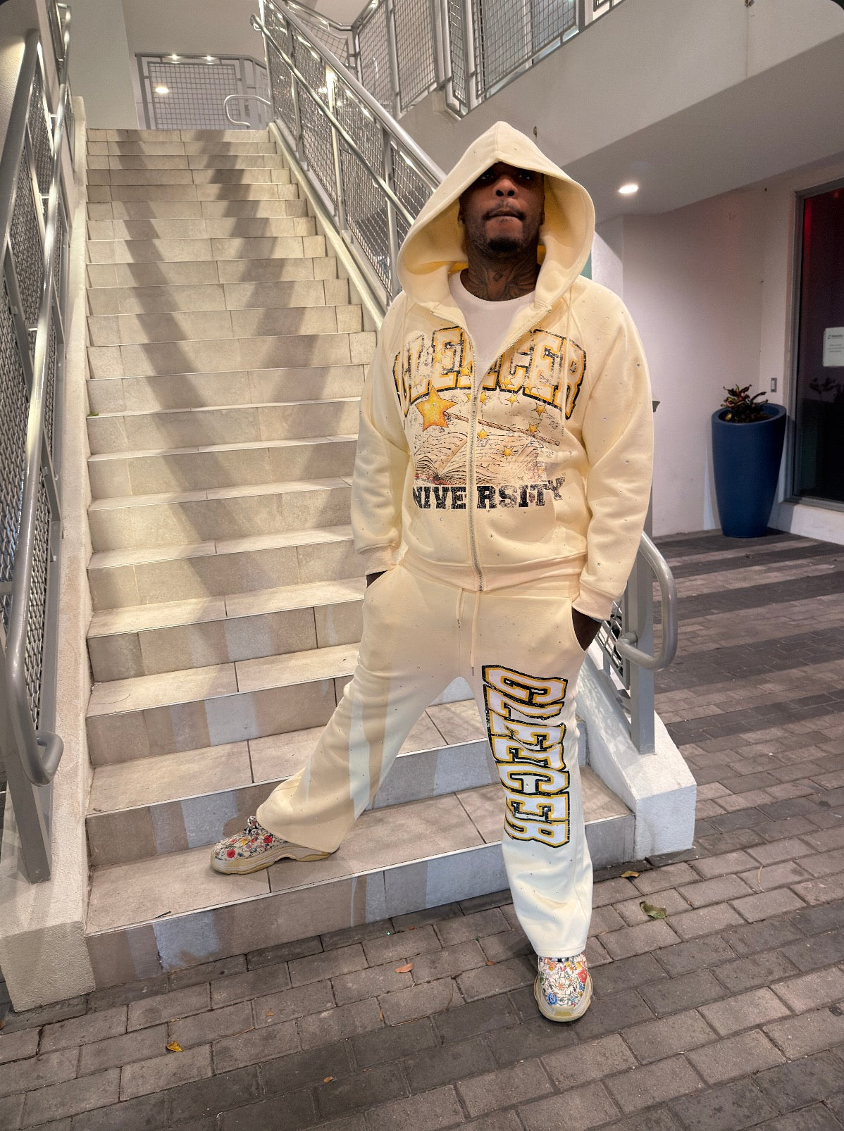 Cream Gleecer University Rhinestone Sweatsuit Set