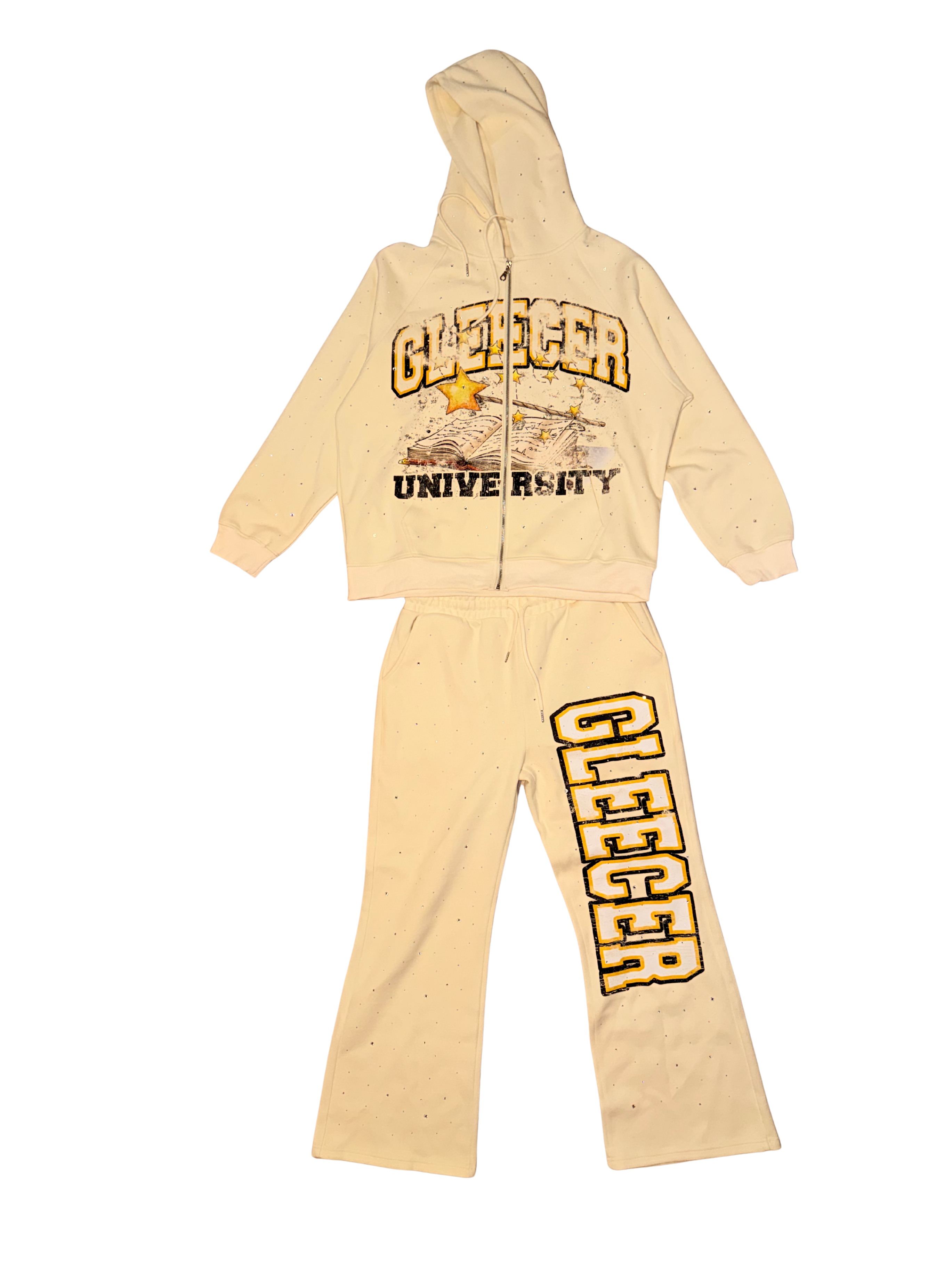 Cream Gleecer University Rhinestone Sweatsuit Set